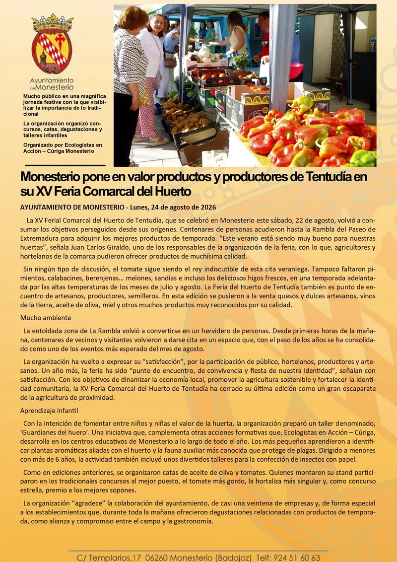 Monesterio celebra la XV Feria Comarcal del Huerto para impulsar productos y productores locales