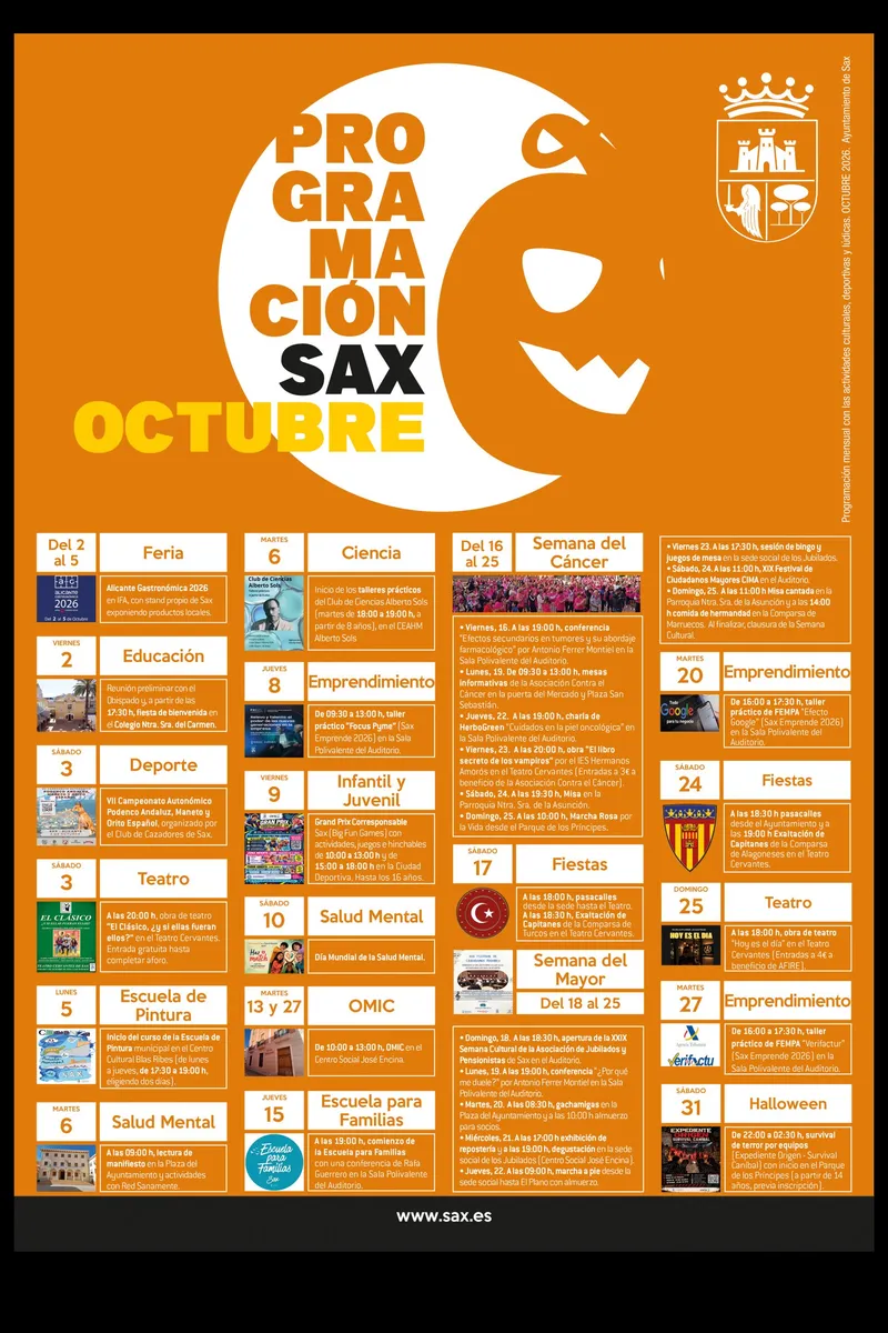 Sax presenta su agenda cultural y de ocio para octubre con una variada programación