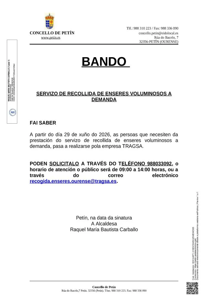 Petín informa sobre el servicio de recogida de enseres y cortes de agua programados