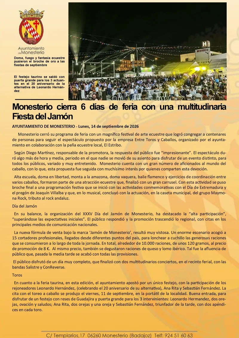 Monesterio clausura su feria anual con una exitosa Fiesta del Jamón