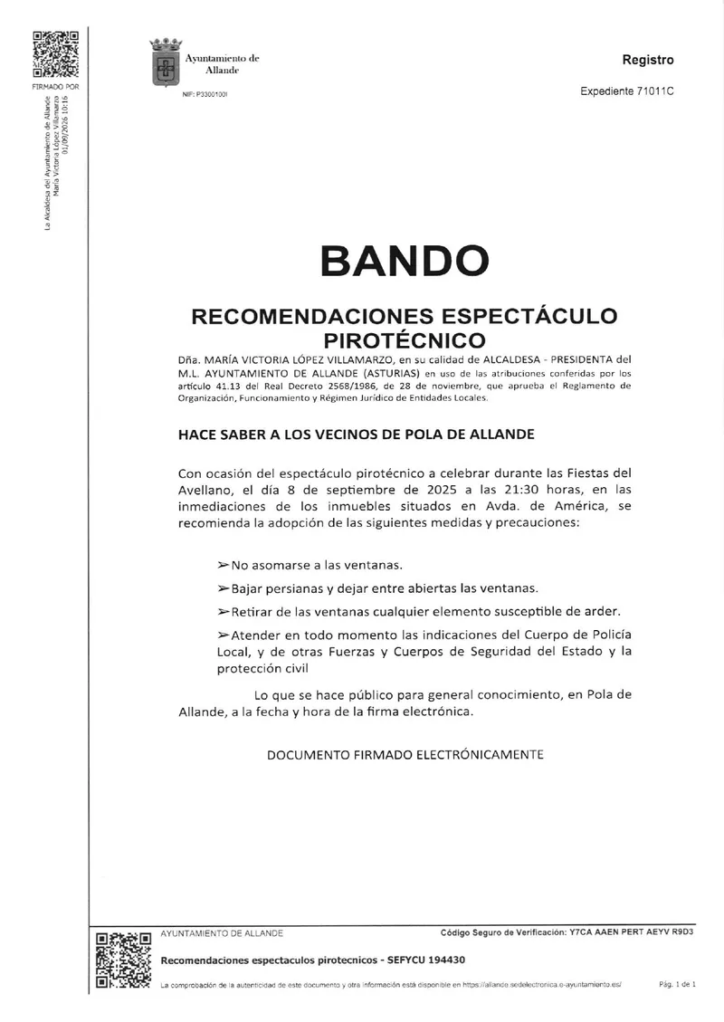 Allande emite recomendaciones para el espectáculo pirotécnico de San Roque