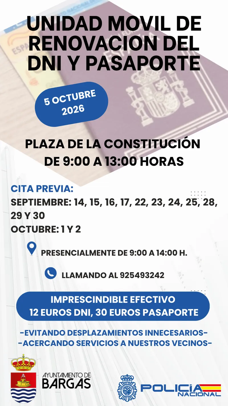 Unidad móvil para renovar DNI y pasaporte en Bargas el 5 de octubre