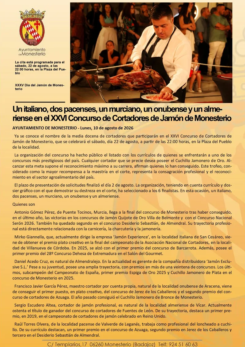 Monesterio acoge el XXVI Concurso de Cortadores de Jamón con participantes de toda España e Italia