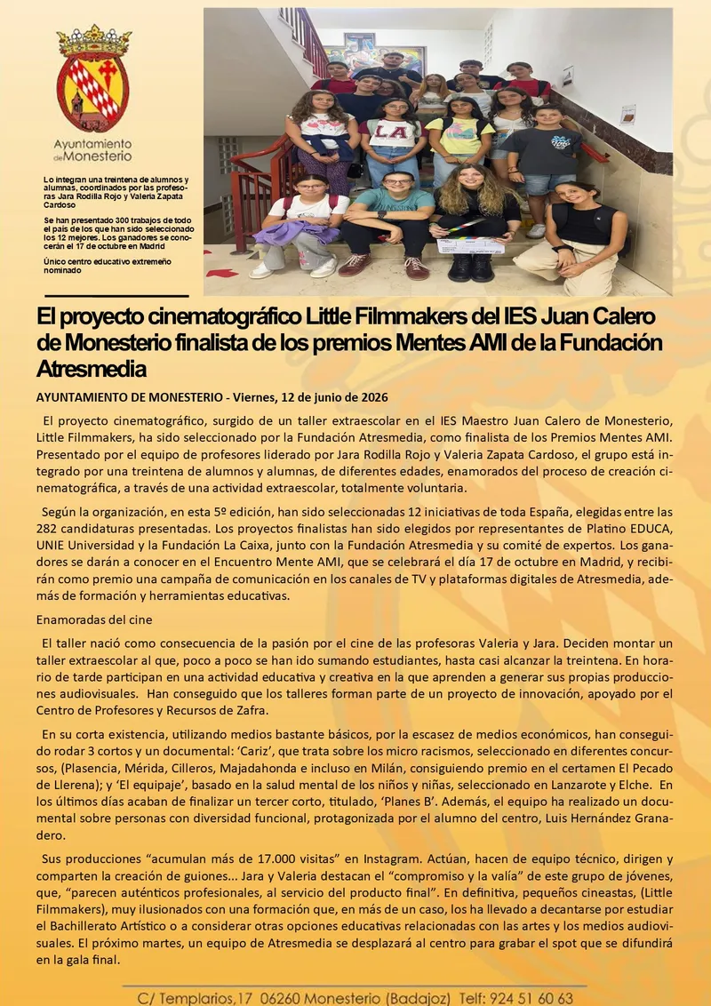 El IES Juan Calero de Monesterio, finalista en los premios Mentes AMI de Fundación Atresmedia