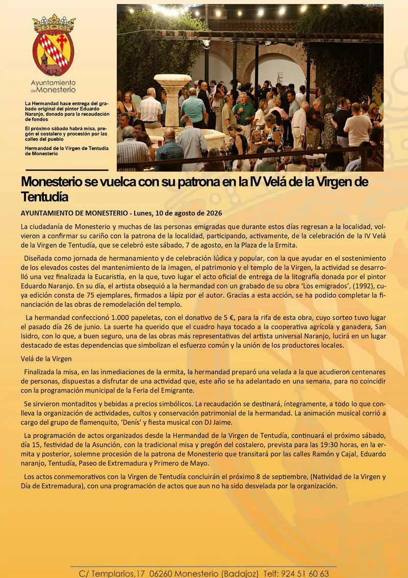 Monesterio celebra la IV Velá en honor a la Virgen de Tentudía con gran participación