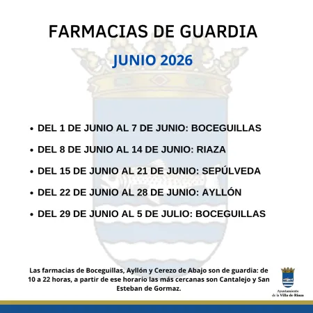Farmacias de guardia en Riaza durante junio de 2026