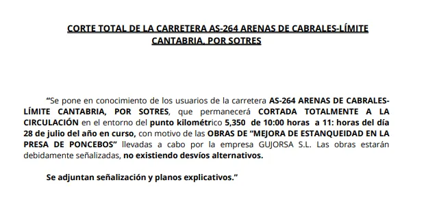 Corte de la carretera AS-264 en Cabrales por obras