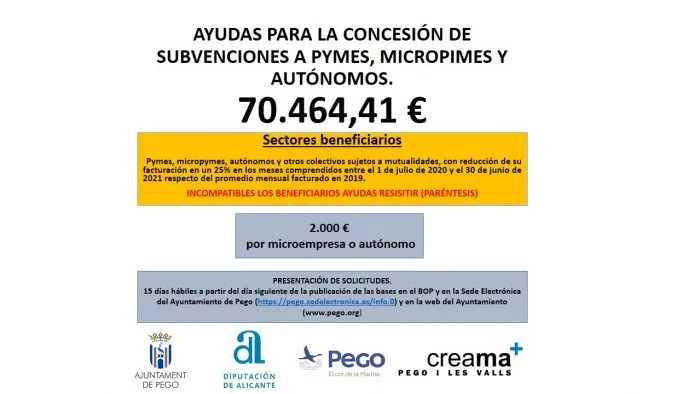 Pego lanza el Plan Reactiva II para apoyar a autónomos y pymes locales