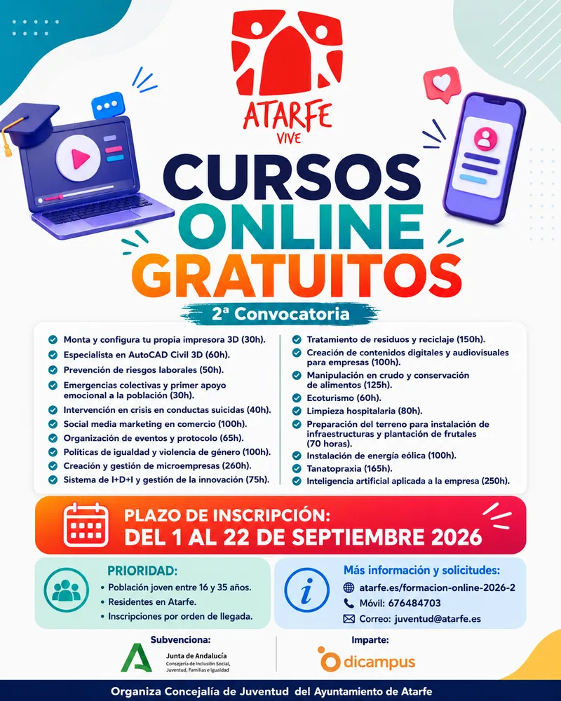 Atarfe abre segunda convocatoria de cursos online gratuitos para jóvenes
