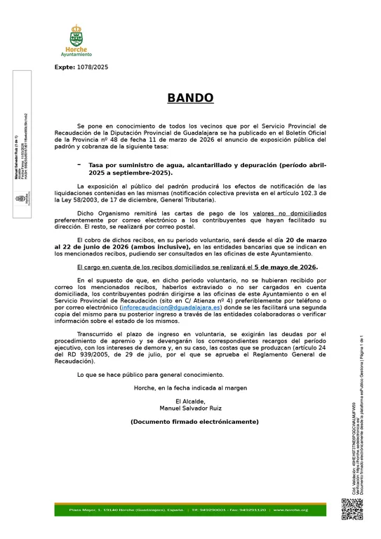 Horche: Cobro de la tasa de agua, alcantarillado y depuración de abril a septiembre de 2025