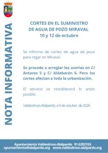 Valdeolmos-Alalpardo: Cortes de agua de pozo en Miraval los días 10 y 12 de octubre