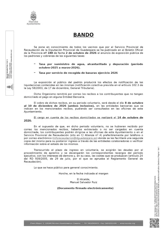 Horche informa sobre el cobro de las tasas de agua y basuras para 2026