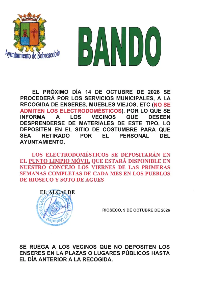 Sobrescobio organiza la recogida gratuita de muebles y enseres el 14 de octubre