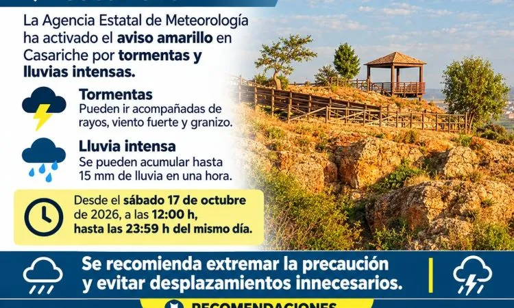 Aviso amarillo por tormentas y lluvias intensas en Casariche este sábado