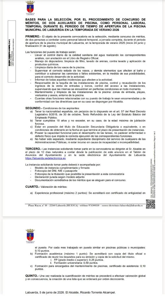 Labuerda busca personal para el mantenimiento de piscinas este verano