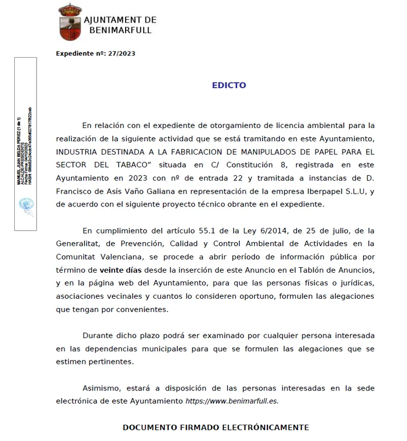 Benimarfull publica el Edicto 27/2023