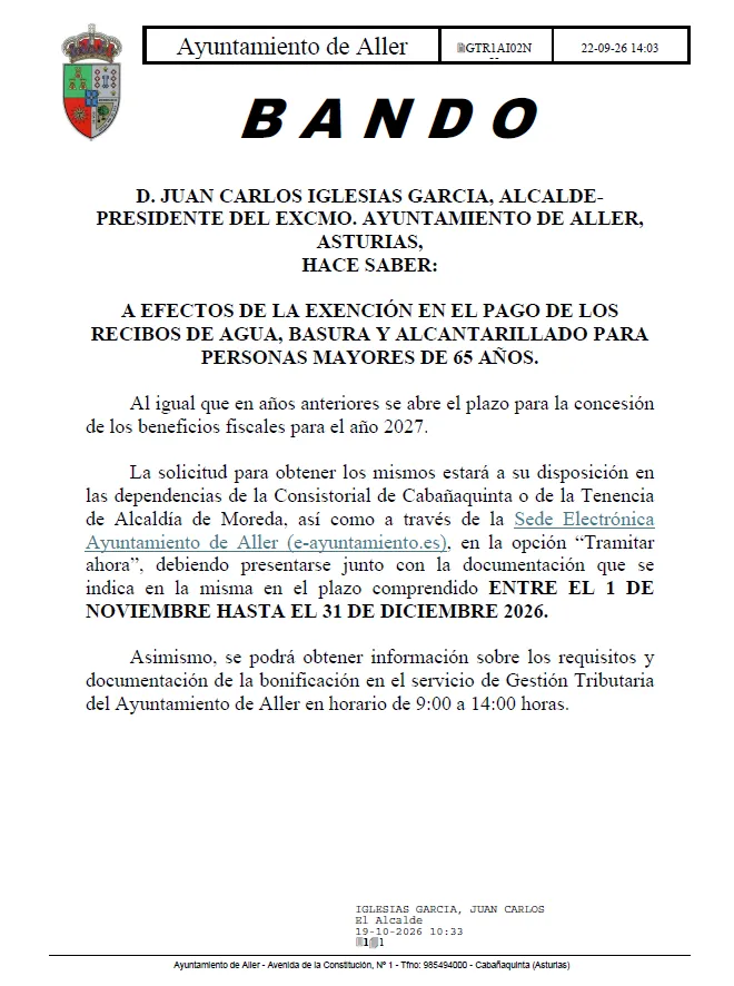 Aller abre el plazo para solicitar bonificaciones en los recibos de agua, basura y alcantarillado para 2027