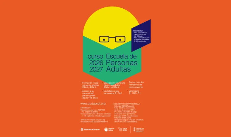 Burjassot abre matrículas para la Escuela de Adultos del curso 2026/2027 en junio y septiembre