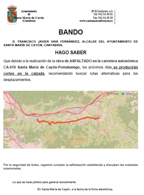 Aviso de obra: Cortes de tráfico en la carretera CA-610 entre Santa María de Cayón y Pomaluengo