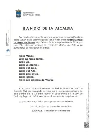 Riaza: Restricciones de tráfico y aparcamiento el 8 de septiembre por procesión