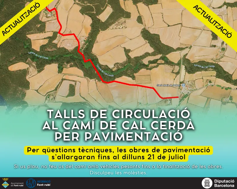 Cortes de tráfico en Font-rubí por obras de pavimentación en el camino de Cal Cerdà