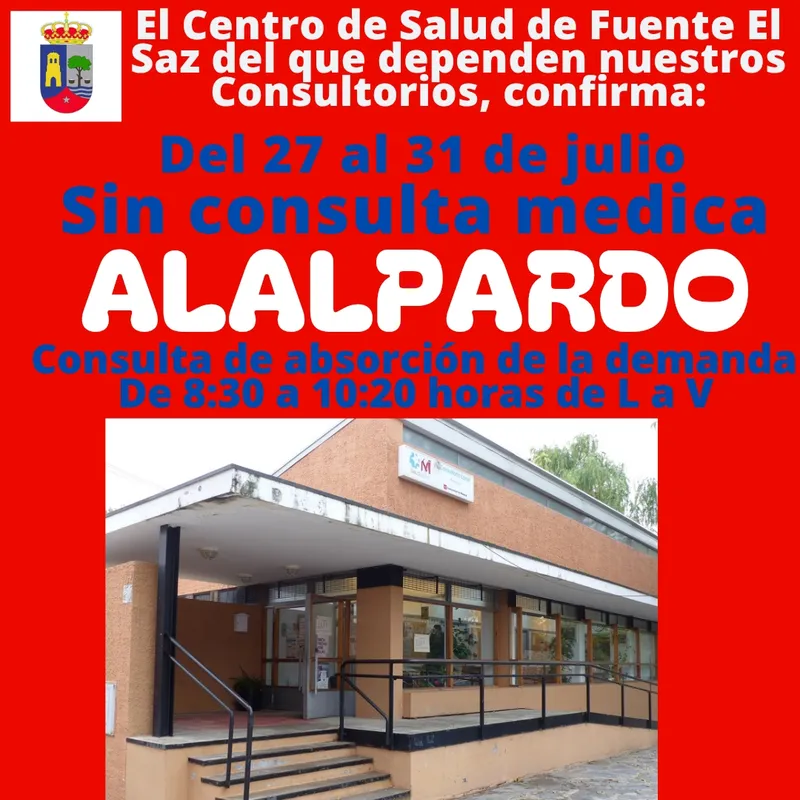 Suspensión de consultas médicas en Alalpardo del 27 al 31 de julio