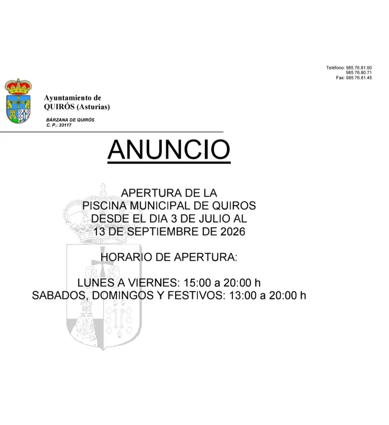 La Piscina Municipal de Quirós abrirá sus puertas del 3 de julio al 13 de septiembre