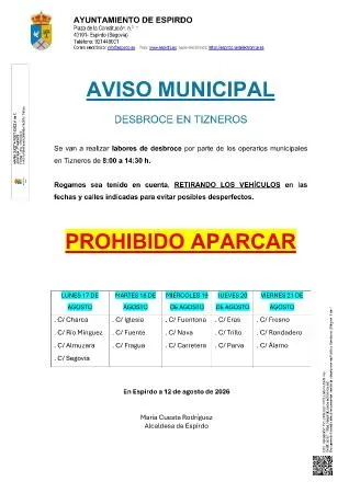 Aviso de desbroce en Tizneros a partir del 17 de agosto