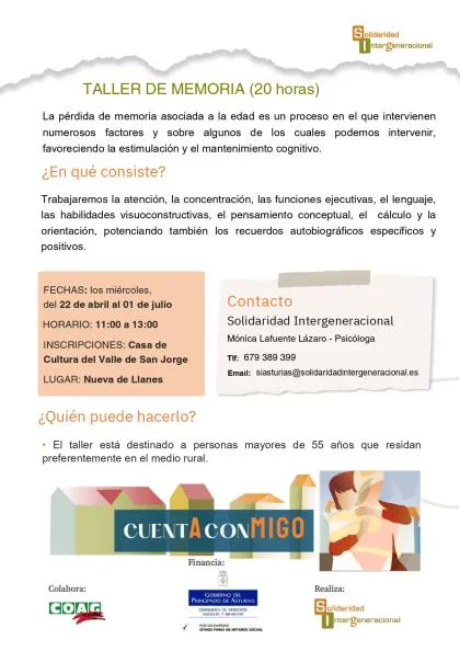 Taller gratuito de memoria para mayores de 55 años en Nueva de Llanes