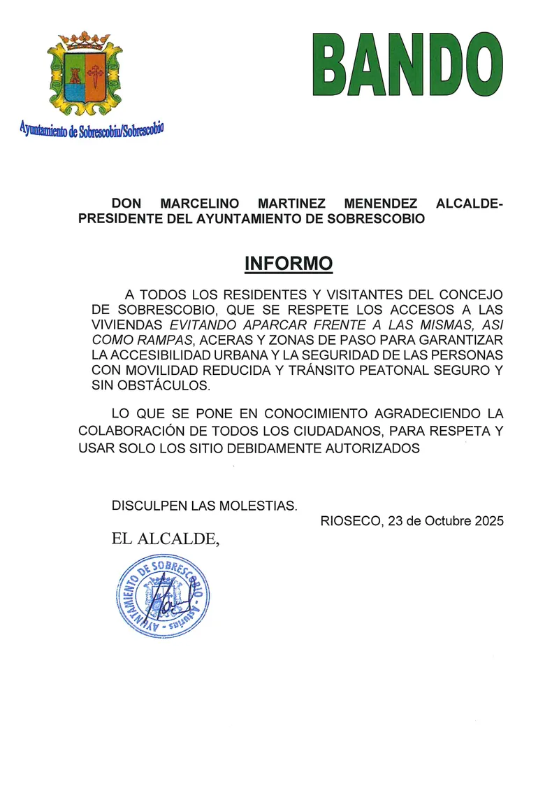 Sobrescobio recuerda la normativa de aparcamiento para garantizar la accesibilidad