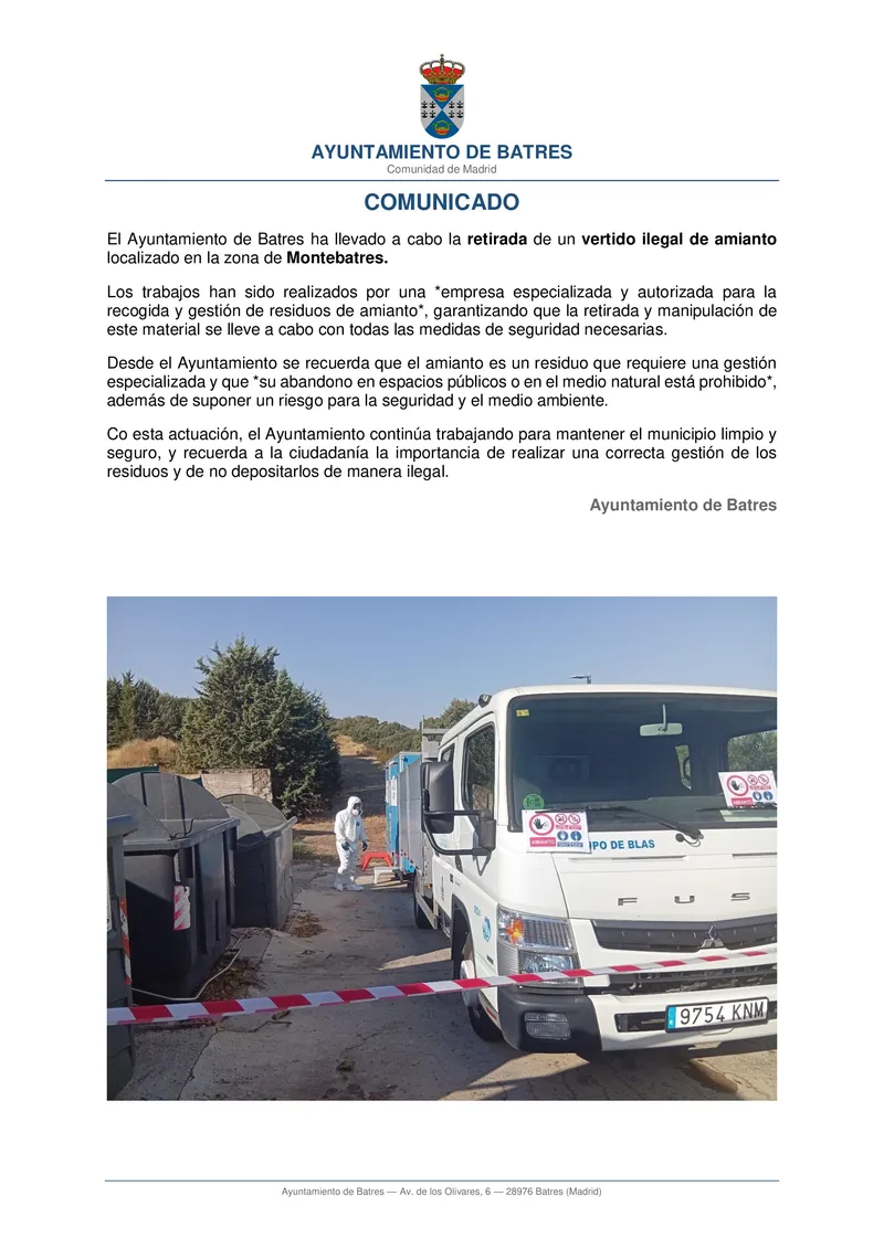 Batres retira un vertido ilegal de amianto en Montebatres