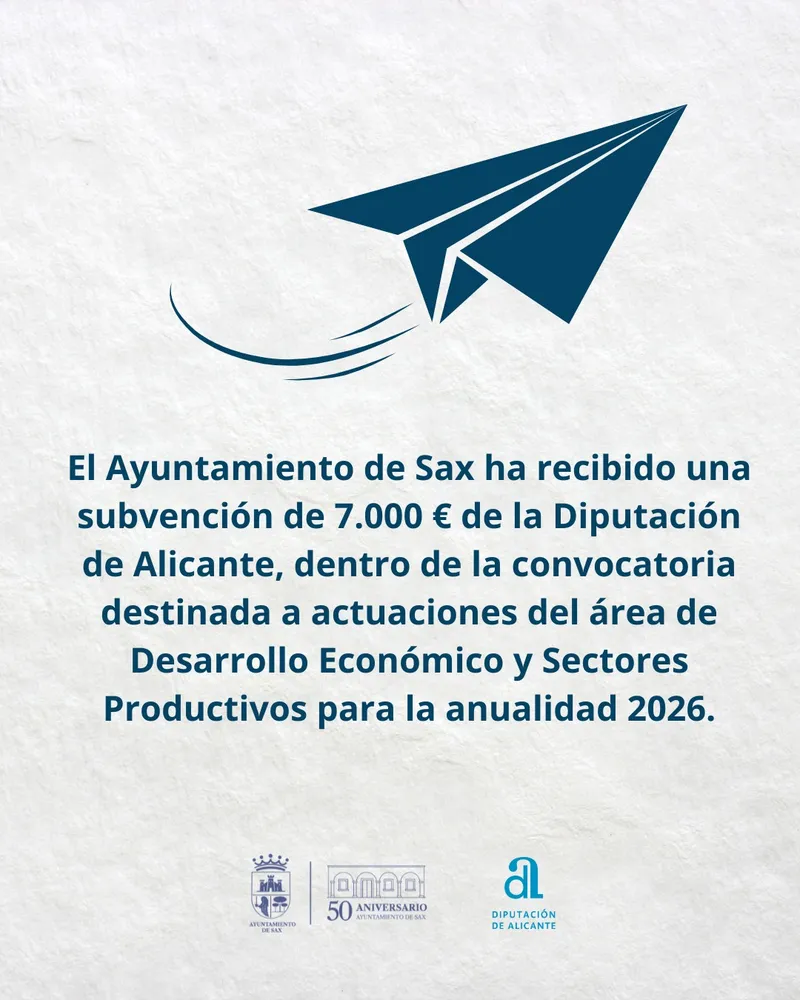 Sax recibe 7.000 euros de la Diputación de Alicante para impulsar el desarrollo económico