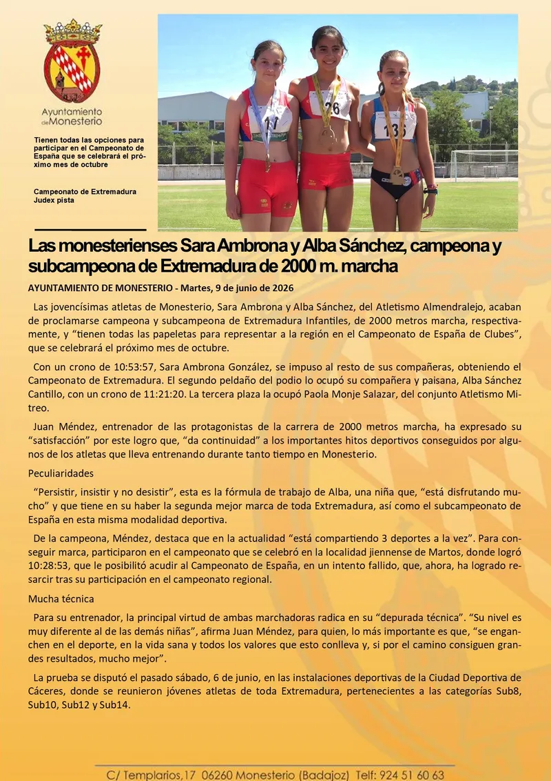 Sara Ambrona y Alba Sánchez, campeonas de Extremadura de marcha atlética