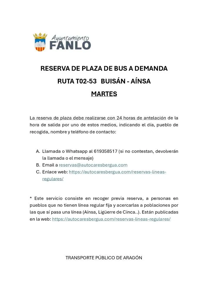 Nuevo servicio de autobús a demanda conecta Buisán y Aínsa los martes