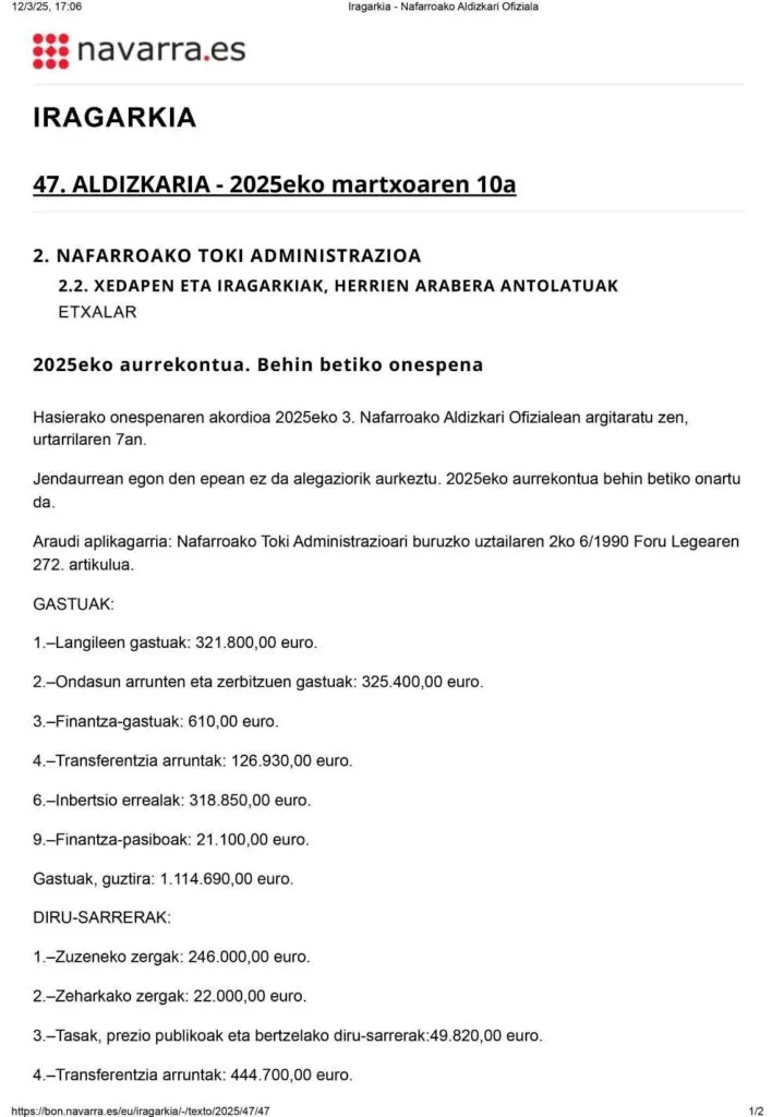 Etxalar aprueba sus presupuestos para 2025 con una inversión de 465.600 euros