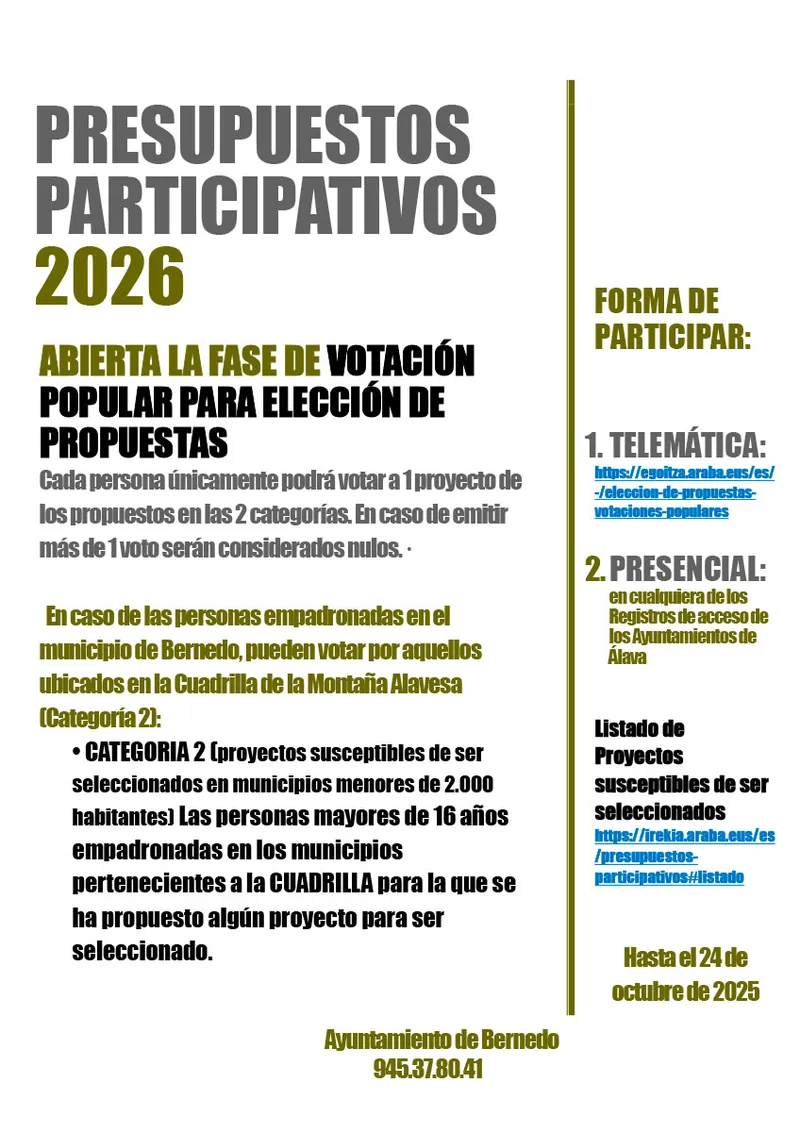 Bernedo abre el plazo para los presupuestos participativos de 2026