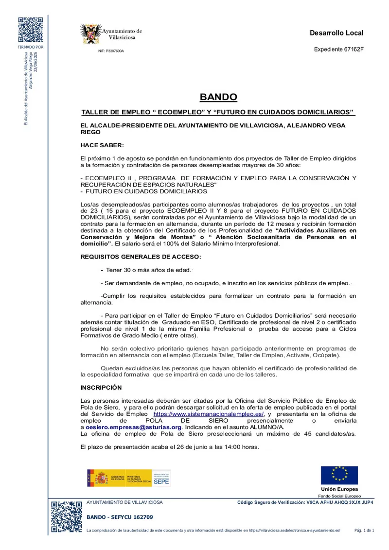 Villaviciosa lanza un nuevo Taller de Empleo para mejorar la empleabilidad local