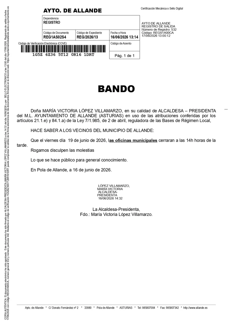 Allande modifica el horario de sus oficinas generales este viernes 19 de junio