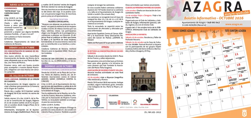 Azagra presenta su agenda cultural y de ocio para octubre de 2026