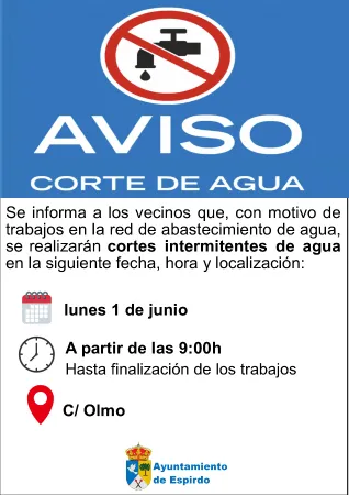 Aviso de cortes de agua intermitentes en Espirdo