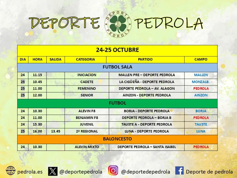 Horarios de competición deportiva en Pedrola para el fin de semana del 24 y 25 de octubre