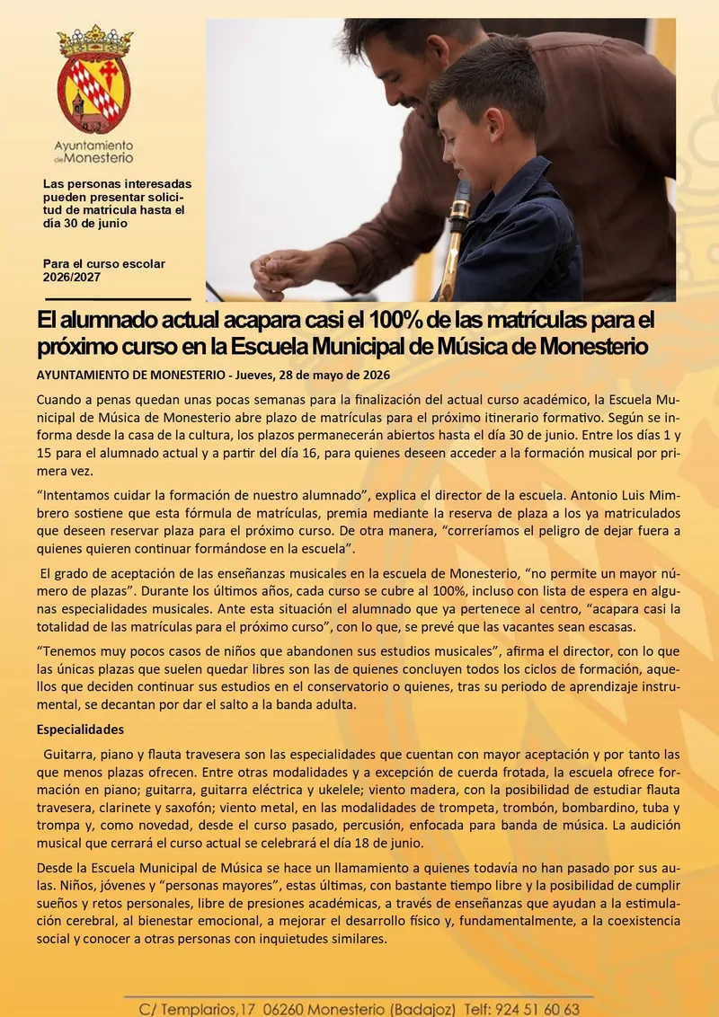 La Escuela Municipal de Música de Monesterio cuelga el cartel de completo para el próximo curso