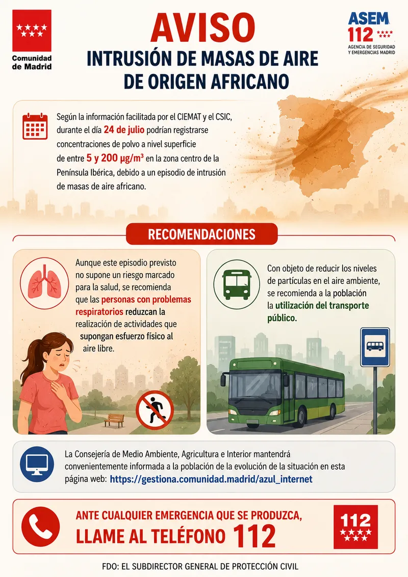 Aviso de intrusión de polvo africano en la Comunidad de Madrid