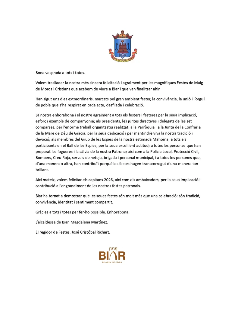 Biar agradece la participación en las exitosas Festes de Maig 2026