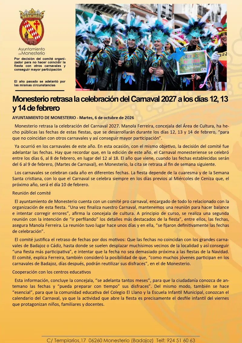 Monesterio aplaza el Carnaval 2027 a febrero