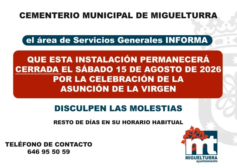El cementerio de Miguelturra cerrará el 15 de agosto por festividad