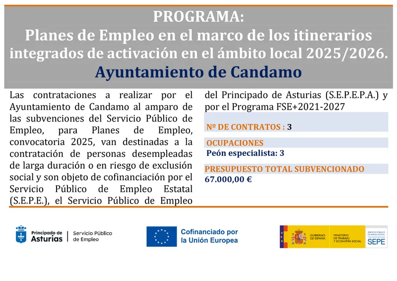 Candamo contratará a tres personas con una subvención de 67.000 euros del SEPEPA
