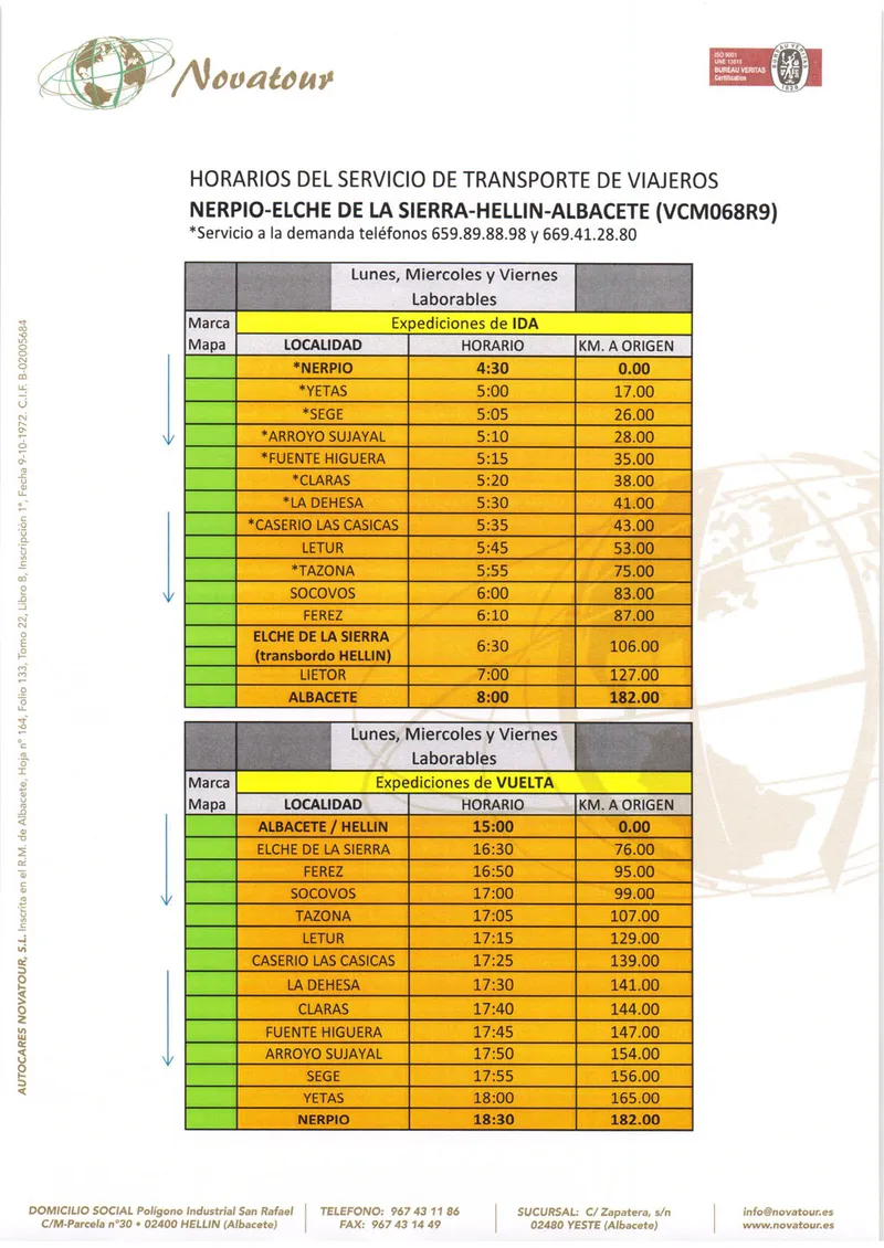 Nerpio y comarca ajustan horarios del transporte de viajeros