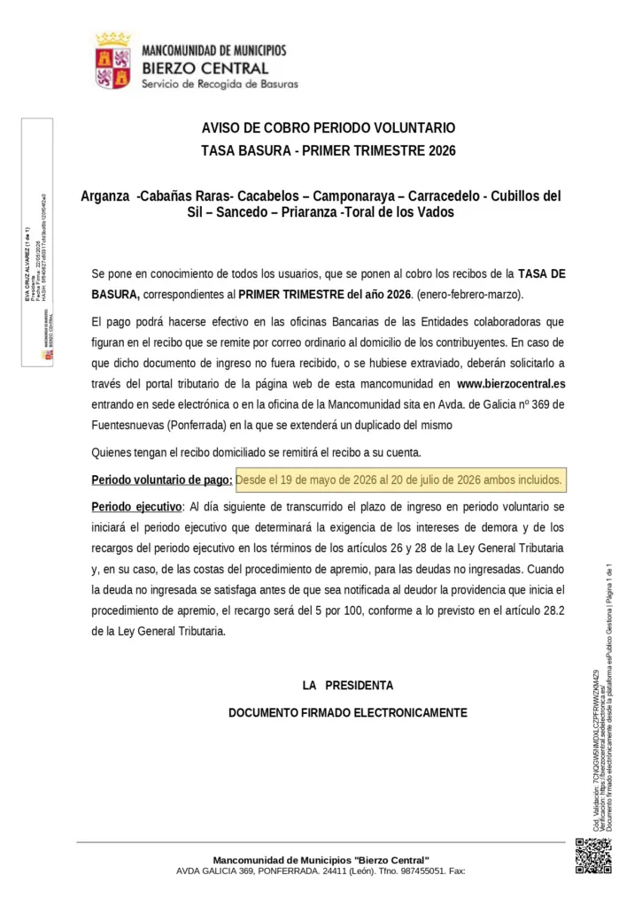 La Mancomunidad Bierzo Central abre el pago voluntario de la tasa de basura para el primer trimestre de 2026