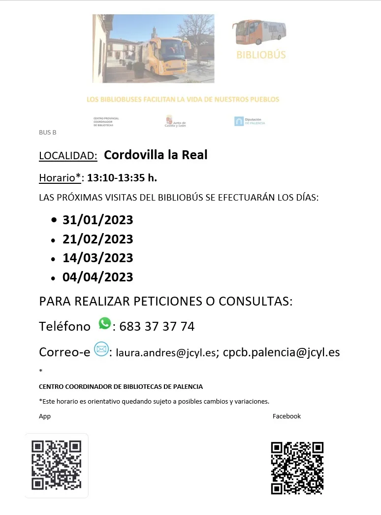 El Bibliobús de Cordovilla la Real ajusta su horario en febrero